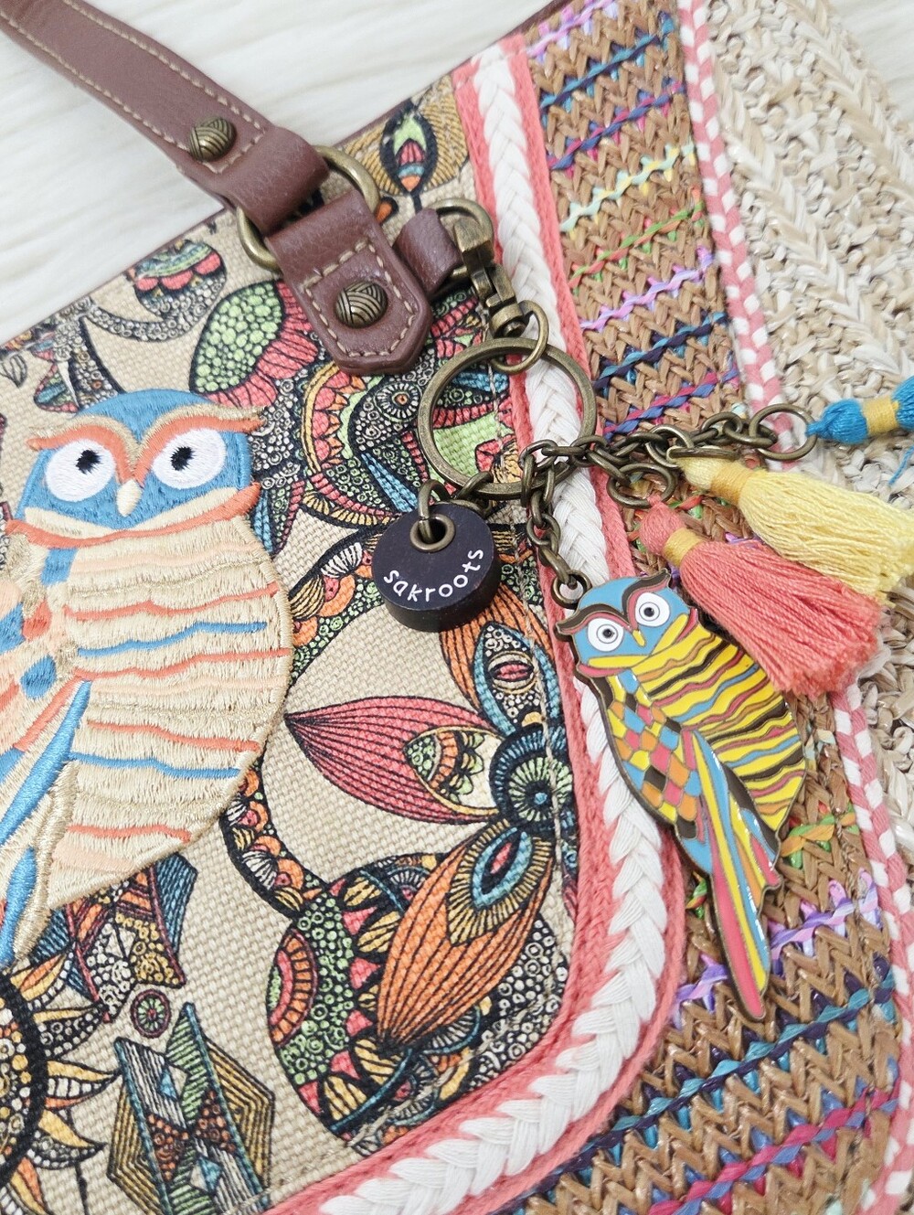 Sakroots Wild At Heart Owl embroidered jute Tote Bag handbag boho purse - Picture 5 of 7